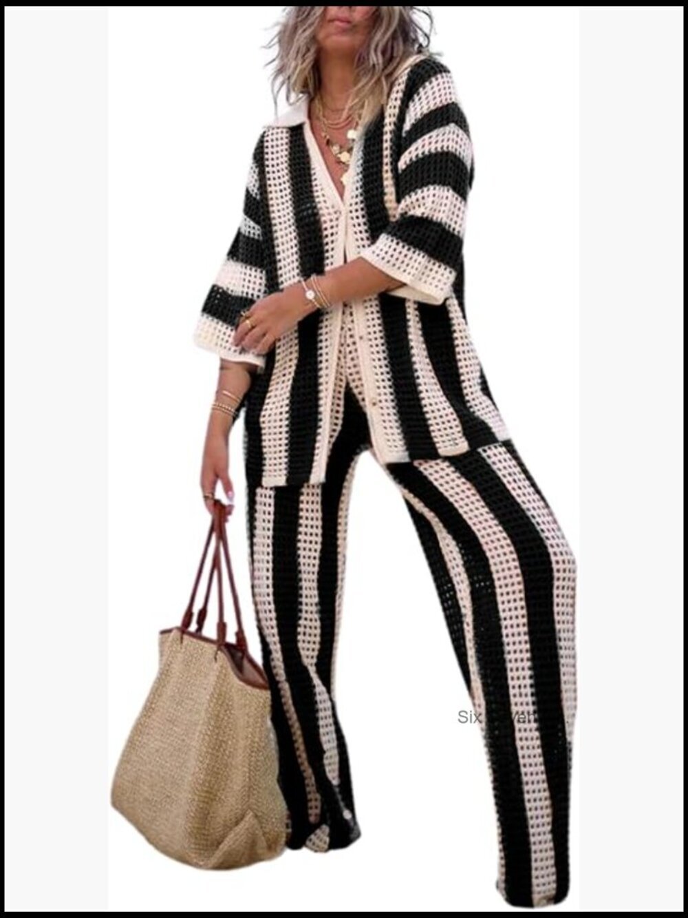 Women Crochet Cover Up Set Button Down Top Wide Leg Pants 2 Piece Vacation